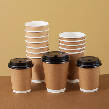 拜杰一次性咖啡杯一次性杯子纸杯豆浆奶茶杯双层带盖热饮杯280ml25只