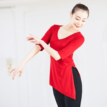 舞之恋舞蹈服女古典舞形体练功服短袖v领上衣枣红xx09013m