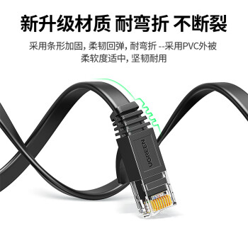 绿联（UGREEN）六类网线 千兆网络宽带线 CAT6类家用电脑监控扁平网线 8芯双绞成品跳线 50米 黑色80102