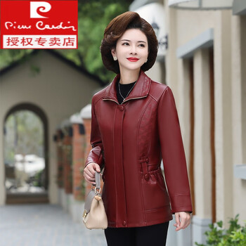 皮尔卡丹pierrecardin中年妈妈春秋装新款皮衣外套中老年女加绒pu皮