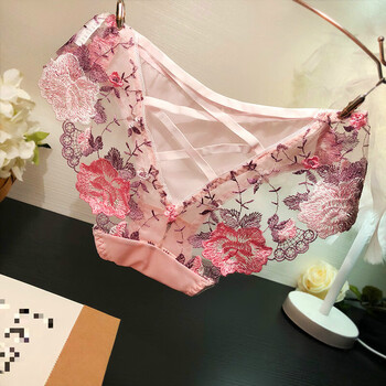 赢夫人 欧美立体刺绣花网纱蕾丝内裤女性感透明镂空绑带底裤w 粉色