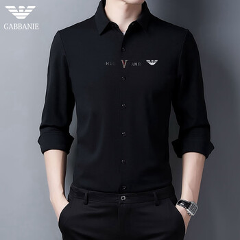 阿玛尼(armani)衬衫男长袖高端商务休闲男士无痕黑色衬衣男装潮 黑色