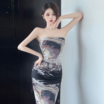 ebrukmare抹胸连衣裙子女一字肩网纱裙印花复古收腰显瘦气质包臀过膝