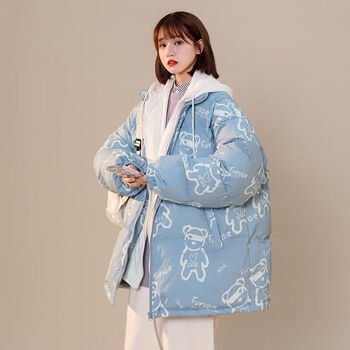 羽绒服女学生可爱初高中生女小熊十几岁少女孩假两件秋冬装天蓝色卡码