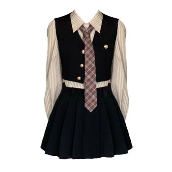 法朗轩学院风女装套装大码胖mm衬衫女马甲百褶裙三件套美式复古学生