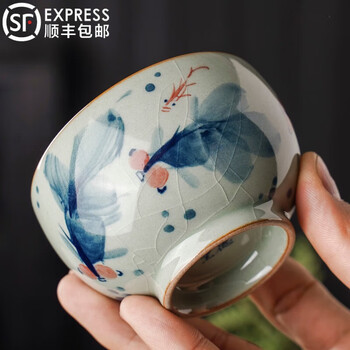 红英陶瓷景德镇陶瓷纯手绘柴窑金玉满堂罗汉主人杯茶杯青花老陶泥家用