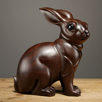 时乾黑檀木雕兔子摆件红木工艺品实木十二生肖兔家居客厅装饰摆设黑檀
