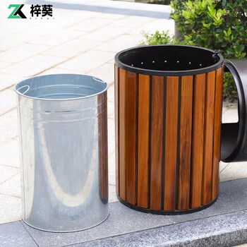 梓葵 镀锌钢板喷涂深咖色+实木 景区垃圾桶户外环卫果皮箱ZK-0298