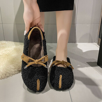 加绒毛毛鞋女2023秋冬时尚可爱棉瓢鞋平底外穿分趾豆豆毛毛棉鞋黑色36