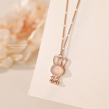 adrius兔年玉小兔子项链吊坠锁骨毛衣链颈链银本命年首饰礼物女深红色