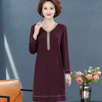 品牌新款妈妈装秋冬毛衣中长款打底衫30岁50中老年女装大码针酒红色m