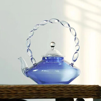 福雁坊茶壶轻奢克莱因蓝色高档手工扭纹泡茶壶耐热玻璃煮茶壶提梁花