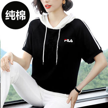 女士夏天穿的有帽带帽的短袖t恤短袖t恤女ins潮2022夏装百搭上衣大码