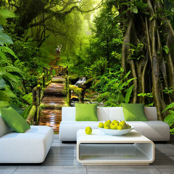 糜岚3d绿色大树森林客厅墙纸大自然风景卧室壁纸酒店民宿空间延伸壁画