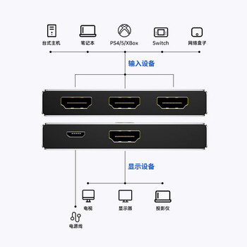 毕亚兹 HDMI2.1切换器三进一出 8K/60Hz高清视频分配器一分三4K/120Hz 笔记本电脑接电视投影仪 ZH129