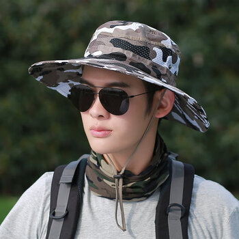 檐遮阳帽子男士户外登山骑行防晒遮阳渔夫帽防风绳夏季新款 1迷彩卡其