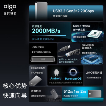 爱国者（aigo）2TB 移动固态硬盘 (PSSD)P1 Type-c USB3.2 读速2000MB/s 手机直连便携游戏畅玩外接硬盘