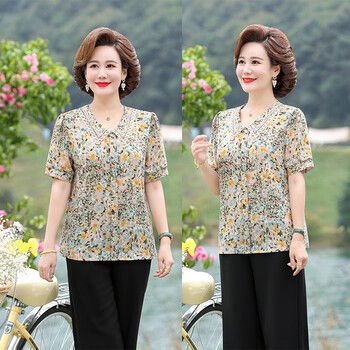 古莱登新款中老年女装50岁妈妈装夏季短袖t恤衫中年女士气质百搭上衣