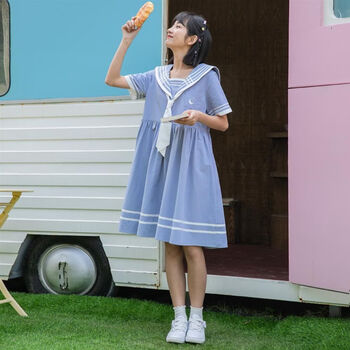 小清新连衣裙闺蜜装衣服女韩版宽松夏短袖仙女裙高中学生连体裙蓝色l