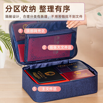 得力(deli)防水防尘证件收纳包 家用大容量多功能包文件包事务包公文包内置PP隔板 三层 深蓝色  