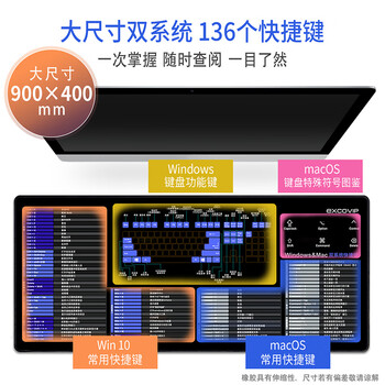 宜适酷（EXCO）Mac双系统快捷键鼠标垫桌垫大号 win快捷键苹果电脑办公键盘垫锁边900*400黑色9132