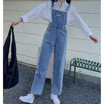 高个子女生背带裤学生牛仔女春夏宽松显瘦减龄盐甜系套装 浅蓝色背带