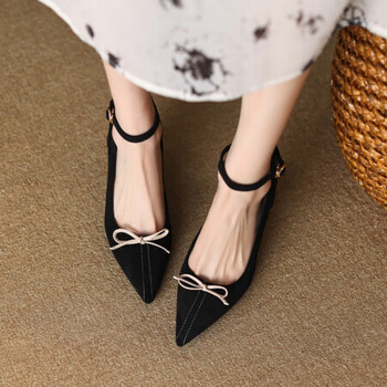 阿诗曼大码女鞋41-43黑色绒面一字带高跟鞋蝴蝶结尖头粗跟单鞋女春婚