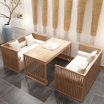 墨绩 新中式茶楼禅意实木沙发茶桌民宿酒店餐厅包间卡座接待原木色