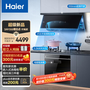 海尔(Haier)平嵌大师系列 烟灶消三件套 25m3/min变频有效风 5.2KW大火力 母婴级消毒C21U1+Q2BE3天+12LCS1