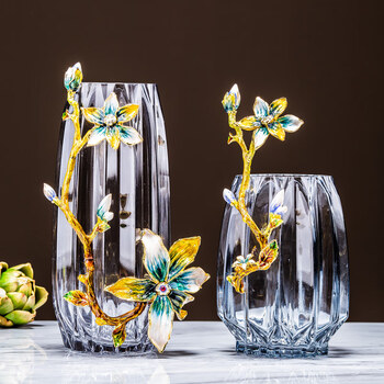 珐琅玻璃花瓶摆件客厅台面欧式别墅家用装饰礼品简约轻奢 透明两件套