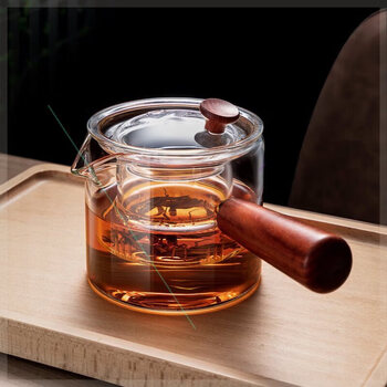 家小博玻璃制品侧把茶壶玻璃耐高温泡茶壶木把花茶壶侧把壶侧把壶500