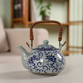 煜釜 提梁壶陶瓷茶壶复古青花瓷小茶壶带滤网泡茶壶餐厅茶壶家用 小圆