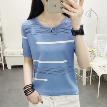 衣服女潮蓝色洋气日系女装学生衣服女t恤衫可爱女装上衣女l105115斤超