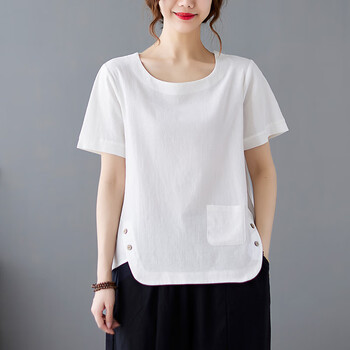 中年妇女夏装棉麻半袖夏季短袖t恤女上衣宽松遮肉洋气大码妈妈亚麻