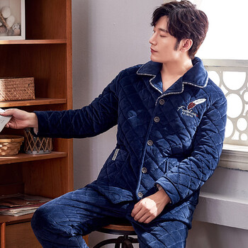 【京东精选】罗丽丝男士睡衣冬季加厚加绒珊瑚绒夹棉保暖三层法兰绒