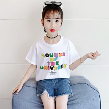 女童短袖t恤夏装2022新款洋气儿童t恤小女孩韩版圆领彩虹花朵上衣白色