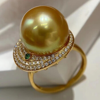 pearlboat金珍珠戒指海水18k金镶锆石珠宝送女友送情人节生日礼物1314