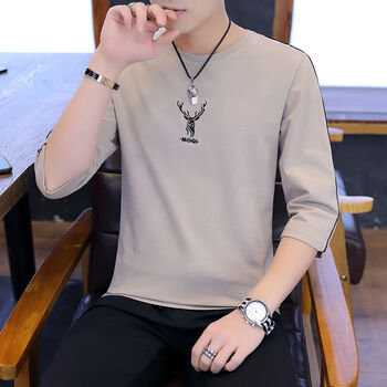 2021夏季七分袖t恤男士韩版修身帅气潮流中袖打底衫衣服7分短袖男卡其