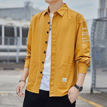 长袖新款潮牌宽松休闲痞帅衬衣百搭帅气男士上衣男生显瘦男式黄色m