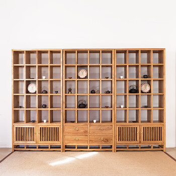 枯木逢生-榆木茶叶架紫砂壶展示柜多宝阁多格架茶室茶杯架收纳柜新中