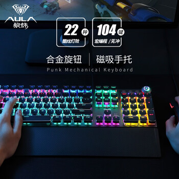 狼蛛（AULA）T500机械键盘鼠标套装 有线键鼠套装 游戏办公电脑键盘 蒸汽朋克 宏编程 带手托 黑色 青轴