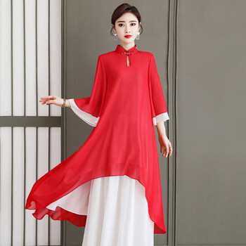茶艺服禅意女装中国复古雪纺旗袍裙服美容师采耳改良仅红色连衣裙l