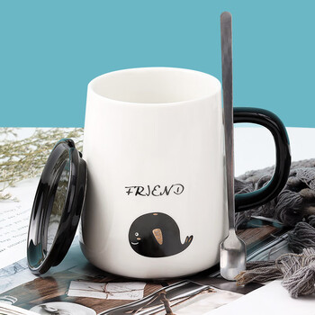 拜杰马克杯杯子礼物咖啡杯牛奶杯早餐杯带勺盖杯男女大容量水杯420ML