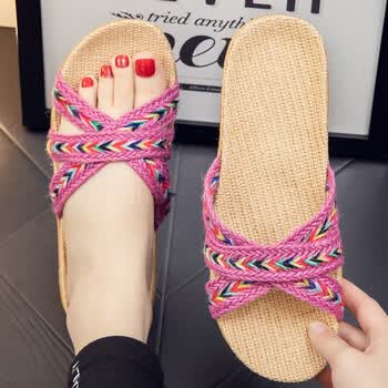 夏季亚麻拖鞋居家居室内女情侣家用防滑厚底踩屎感凉拖鞋男士玫红色