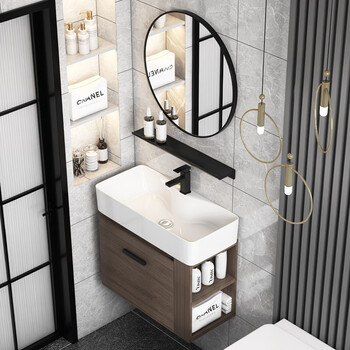 津本实木浴室柜卫生间小户型洗脸盆柜组合侧边收纳洗手盆柜一体洗漱台