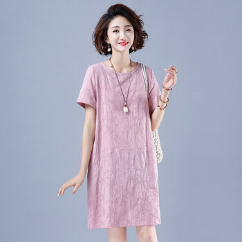 乌克莉麻料直身裙中老年棉麻直筒连衣裙休闲女年夏季新款中年妈妈气质