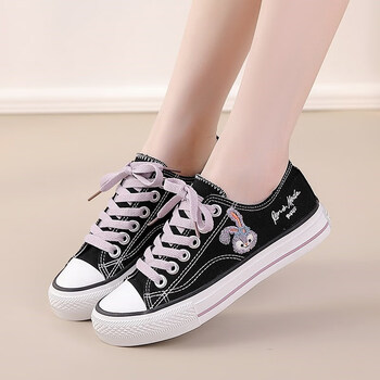 初中女生鞋冬季板鞋帆布鞋可爱学生中大童百搭刺绣休闲鞋 k2503黑紫-0