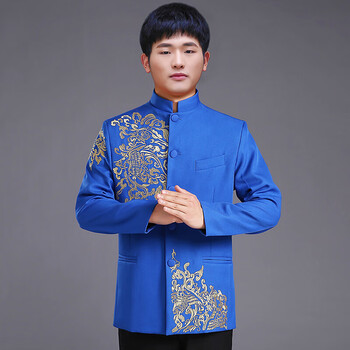 唐装上衣大码修身人礼服中国风中山装演出服蓝色富贵花绣花款hxl体重