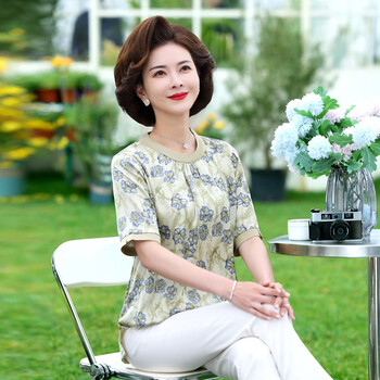 古鑫鳯夏季妈妈印花短袖圆领小衫2023年夏季款年轻妈妈气质宽松大码