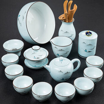 洁奇诗功夫茶具套装家用青瓷简约茶杯陶瓷泡茶器盖碗套装喝茶礼品青瓷